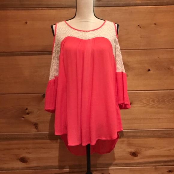 Coral Cold Shoulder Top with Cream Lace - Picture 1 of 5